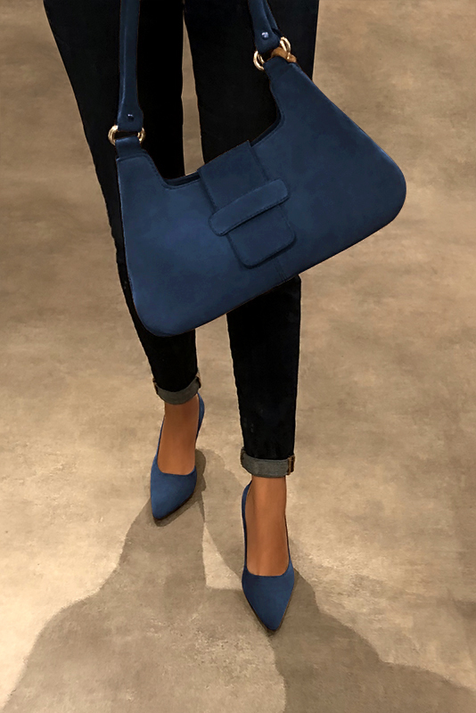 Navy blue women's dress pumps,with a square neckline. Tapered toe. High slim heel. Worn view - Florence KOOIJMAN